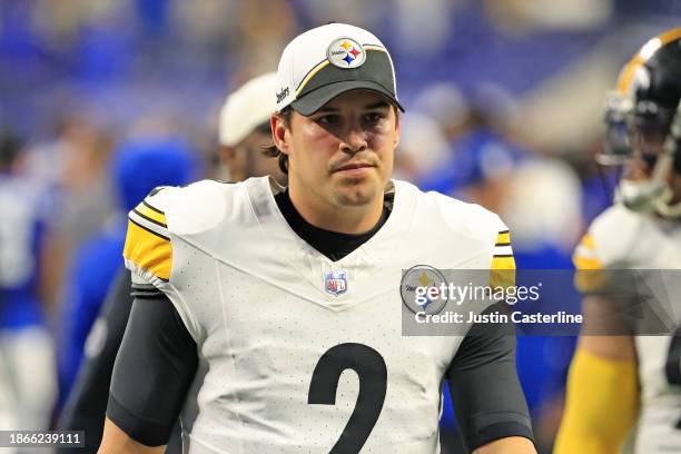 Mason Rudolph of the Pittsburgh Steelers walks off the field after a loss to the Indianapolis Colts at Lucas Oil Stadium on December 16, 2023 in...