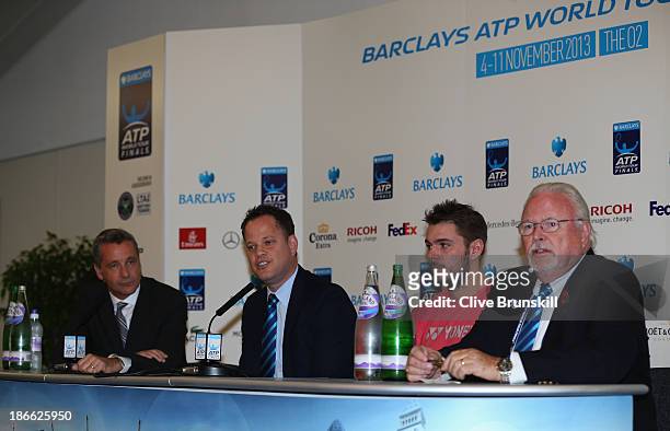 Tournament managing director Chris Kermode, tournament director Andre Da Silva, Stanislas Wawrinka of Switzerland and ATP supervisor Tom Barnes...