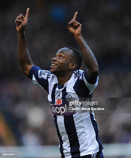 Saido Berahino of West Bromwich Albion celebrates scoring the opening goal during the Barclays Premier League match between West Bromwich Albion and...