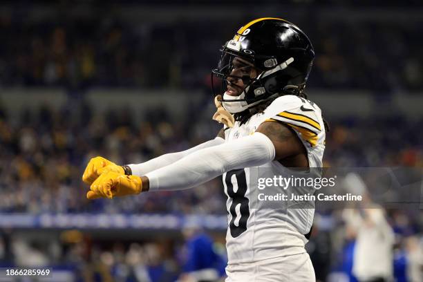 Diontae Johnson of the Pittsburgh Steelers celebrates after a touchdown in the game against the Indianapolis Colts at Lucas Oil Stadium on December...