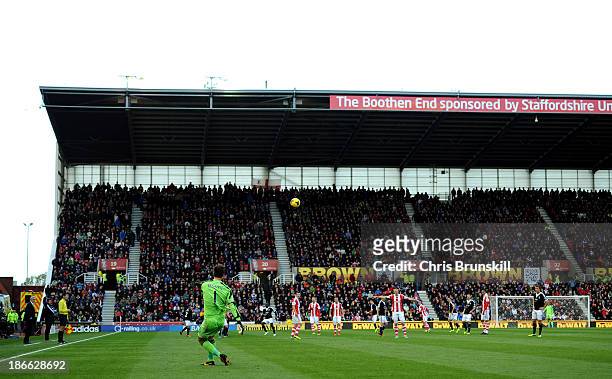 Asmir Begovic of Stoke City takes a free-kick during the Barclays Premier League match between Stoke City and Southampton on November 02, 2013 in...