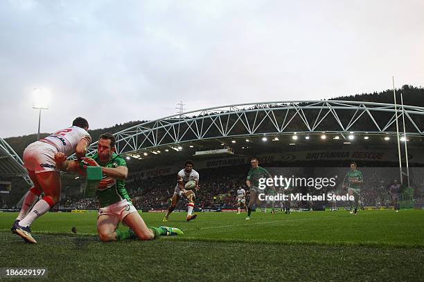 Kallum Watkins of England receives a pass from Tom Briscoe to score a try during the Rugby League World Cup Group A match between England and Ireland...