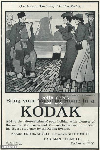 Advertisement for Kodak by the Eastman Kodak Company in Rochester, New York, 1905. The ad features a drawing by Edward Penfield of the "Kodak Girls"...