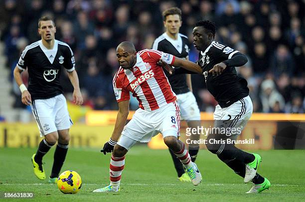 Wilson Palacios of Stoke City in action with Victor Wanyama of Southampton during the Barclays Premier League match between Stoke City and...