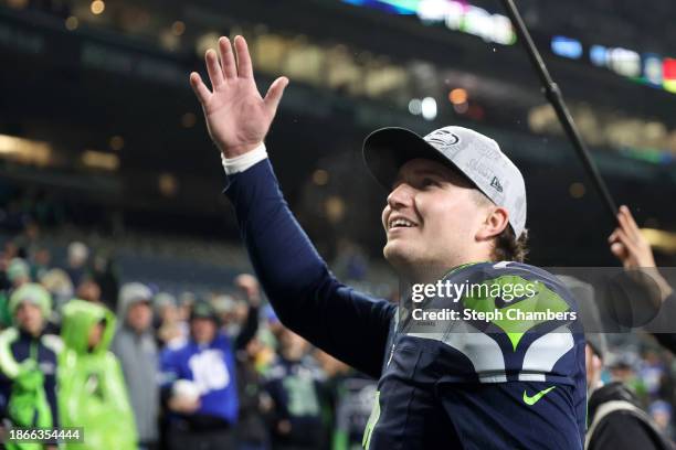 Drew Lock of the Seattle Seahawks celebrates after defeating the Philadelphia Eagles at Lumen Field on December 18, 2023 in Seattle, Washington.