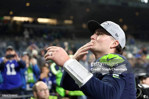 Drew Lock of the Seattle Seahawks celebrates after defeating the Philadelphia Eagles at Lumen Field on December 18, 2023 in Seattle, Washington.