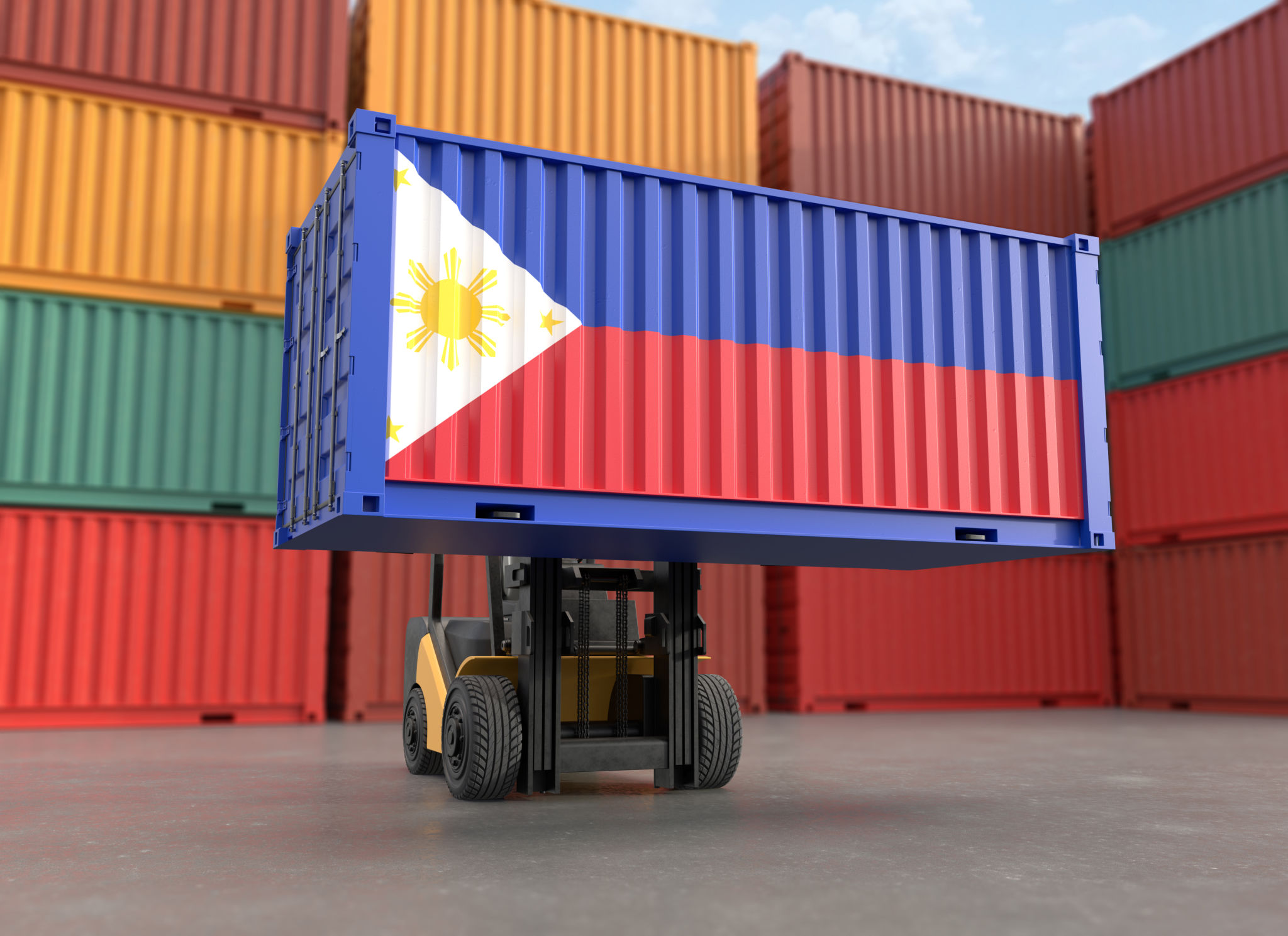 Forklift truck lifting container with Philippines flag, Clipping path Forklift truck lifting container with Philippines flag, Clipping path