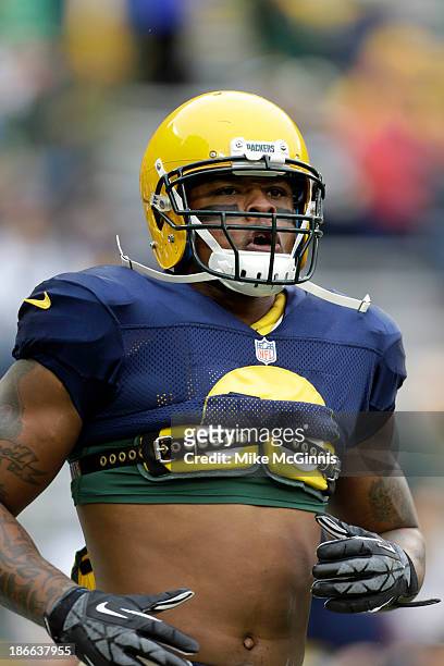 Jermichael Finley of the Green Bay Packers warms up before the game against the Cleveland Browns during the game at Lambeau Field on October 20, 2013...