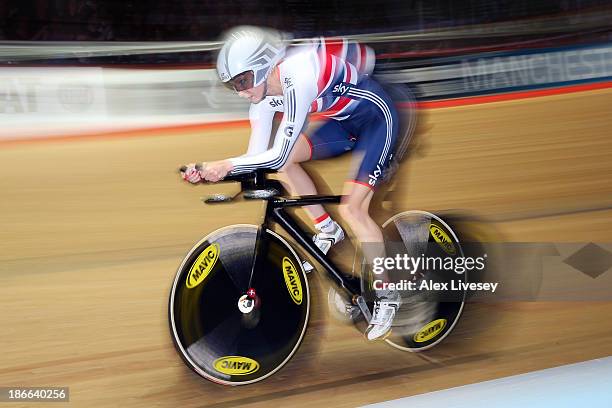 Joanna Rowsell of Great Britain on her way to winning gold in the Women's Individual Pursuit on day two of the UCI Track Cycling World Cup at...