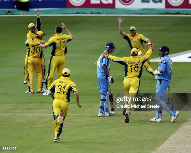The final wicket of Zaheer Khan of India, caught by Darren Lehmann off the bowling of Glenn McGrath earns Australia the World Cup at the ICC Cricket...