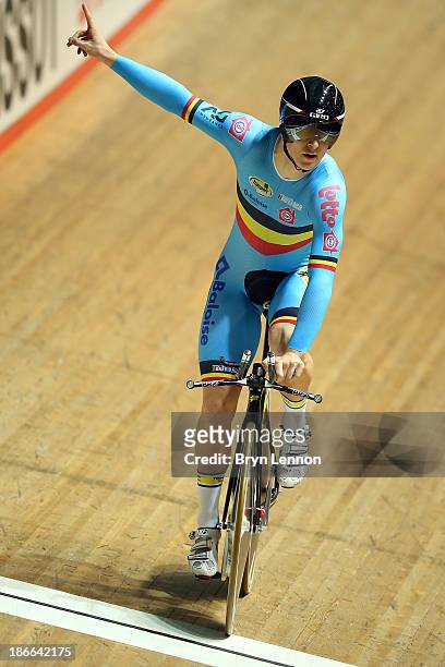 Jasper De Buyst of Belgium celebrates winning the Men's Omnium on day two of the UCI Track Cycling World Cup at Manchester Velodrome on November 2,...