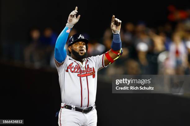 Marcell Ozuna of the Atlanta Braves in action against the New York Mets in game two of a doubleheader at Citi Field on August 12, 2023 in New York...