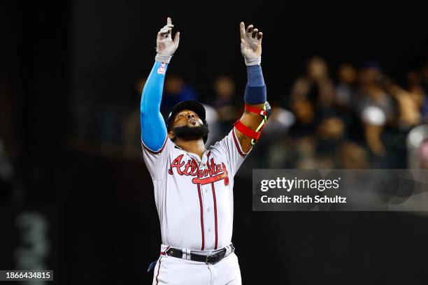 Marcell Ozuna of the Atlanta Braves in action against the New York Mets in game two of a doubleheader at Citi Field on August 12, 2023 in New York...