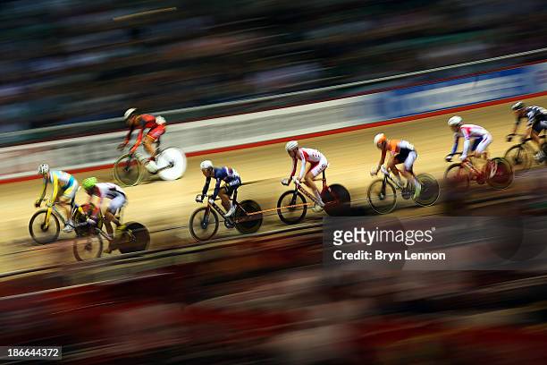 General view of action during the Men's points race on day two of the UCI Track Cycling World Cup at Manchester Velodrome on November 2, 2013 in...