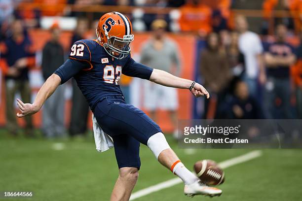 Riley Dixon of Syracuse Orange punts during the first quarter during a football game against Wake Forest Demon Deacons on November 2, 2013 at the...