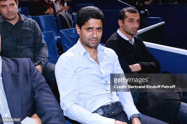 President of Paris Saint-Germain football club Nasser Al-Khelaifi attends BNP Paribas Tennis Masters - Day Six, held at Bercy on November 2, 2013 in...