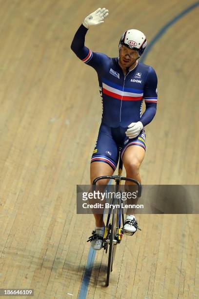 Francois Pervis of France celebrates winning the Men's Keirin Final on day two of the UCI Track Cycling World Cup at Manchester Velodrome on November...