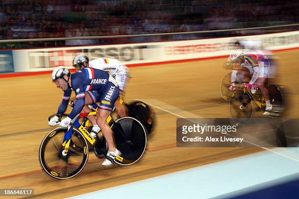Francois Pervis of France on his way to winning the Men's Keirin Final on day two of the UCI Track Cycling World Cup at Manchester Velodrome on...