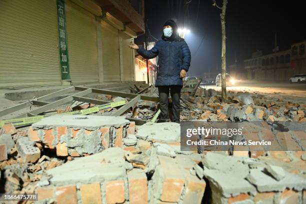 Rubble from a collapsed building is seen after a 6.2-magnitude earthquake on December 19, 2023 in Jishishan Bonan, Dongxiang and Salar Autonomous...