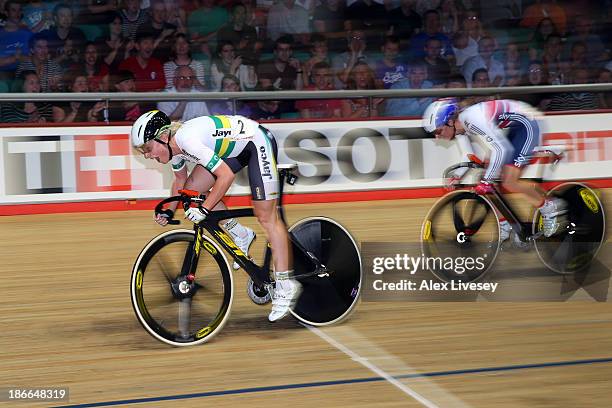 Annette Edmondson of Australia outsprints Laura Trott of Great Britain to win the Womens Omnium Elimination Race on day two of the UCI Track Cycling...