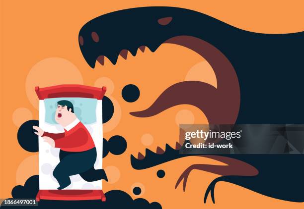 ilustrações de stock, clip art, desenhos animados e ícones de fat man sleeping in bed and having nightmare that angry dinosaur approaching - fat dragons