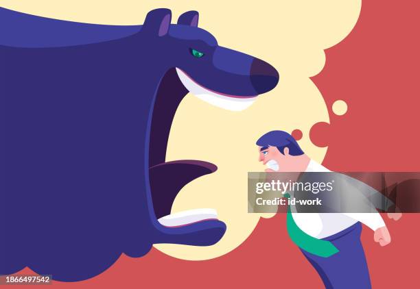 illustrations, cliparts, dessins animés et icônes de un homme d’affaires en colère face à un ours furieux de l’imagination - comportement animal