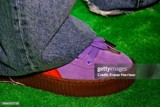 Rihanna, shoe detail, attends the FENTY x PUMA Sneaker Launch Party at NeueHouse Los Angeles on December 18, 2023 in Hollywood, California.