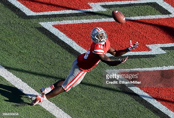 Marcus Sullivan of the UNLV Rebels misses a catch in the end zone during the fourth quarter of a game against the San Jose State Spartans at Sam Boyd...
