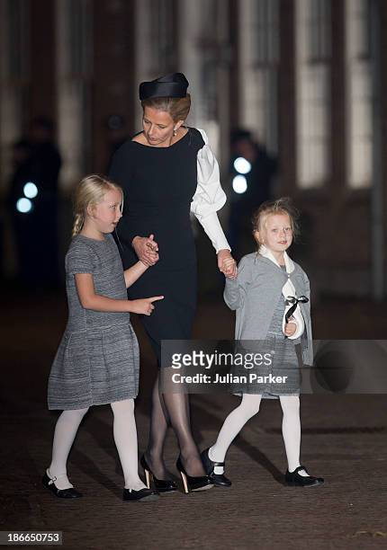Princess Mabel of the Netherlands and daughters Countess Luana and Countess Zaria leave a memorial service for Prince Friso of The Netherlands who...