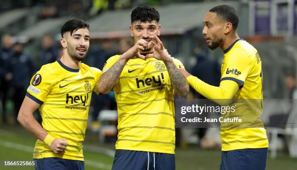 Cameron Puertas of Union Saint-Gilloise celebrates his goal between Mohammed Amoura and Loic Lapoussin during the UEFA Europa League match between...