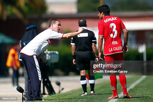 Oscar Craviotto coach of Unin La Calera gestures during a match between Union La Calera and Universidad de Chile as part of the Torneo Apertura...