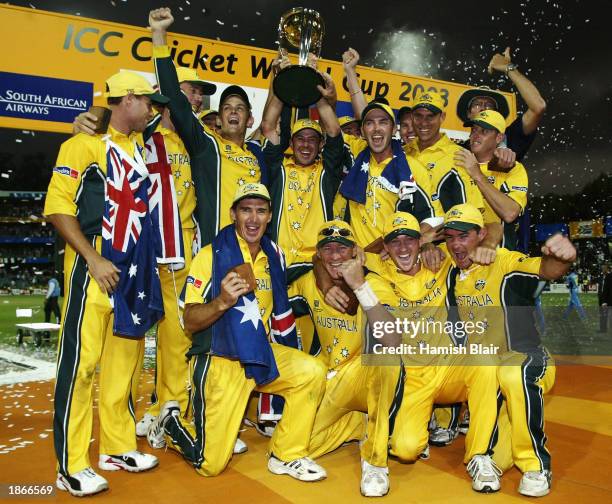 Ricky Ponting captain of Australia celebrates with the trophy and his team mates after the World Cup Final One Day International Match between...