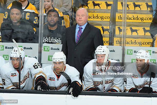 Head Coach Bruce Boudreau of the Anaheim Ducks watches the play against the Boston Bruins at the TD Garden on October 31, 2013 in Boston,...