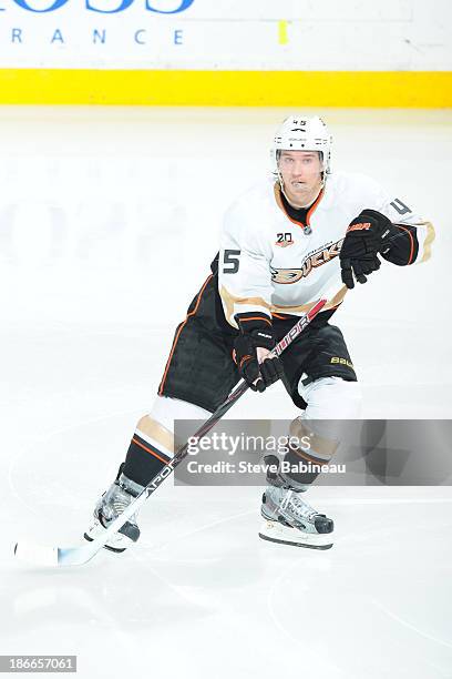 Sami Vatanen of the Anaheim Ducks skates against the Boston Bruins at the TD Garden on October 31, 2013 in Boston, Massachusetts.