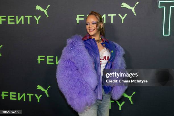 Rihanna attends the FENTY x PUMA sneaker launch party at NeueHouse Los Angeles on December 18, 2023 in Hollywood, California.