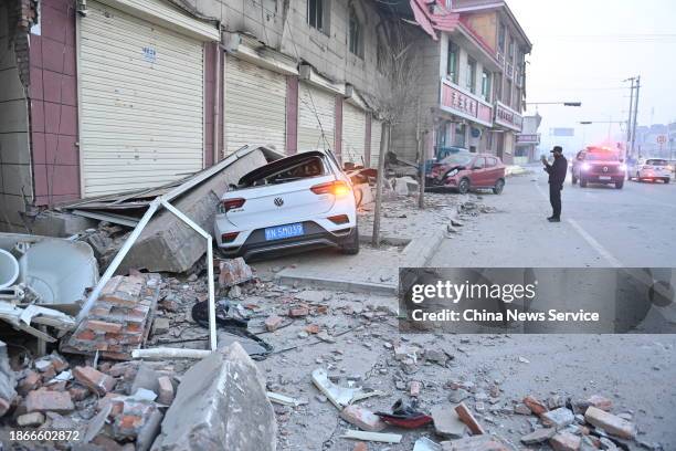 Rubbles from a collapsed building are seen after a 6.2-magnitude earthquake on December 19, 2023 in Jishishan Bonan, Dongxiang and Salar Autonomous...