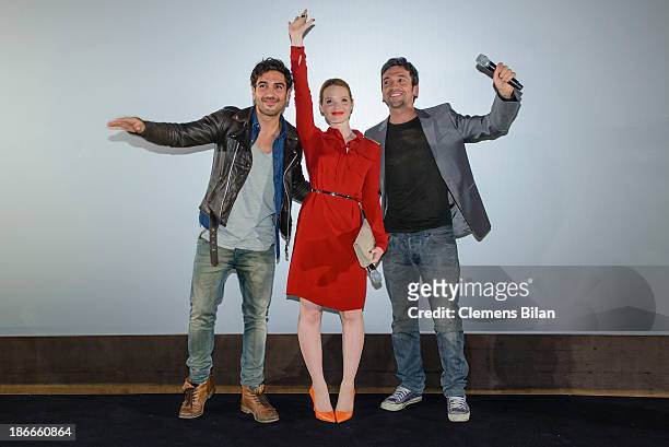 Elyas M'Barek, Karoline Herfurth and Bora Dagtekin attend the 'Fack Ju Gohte' Berlin Premiere at CineStar on November 2, 2013 in Berlin, Germany.