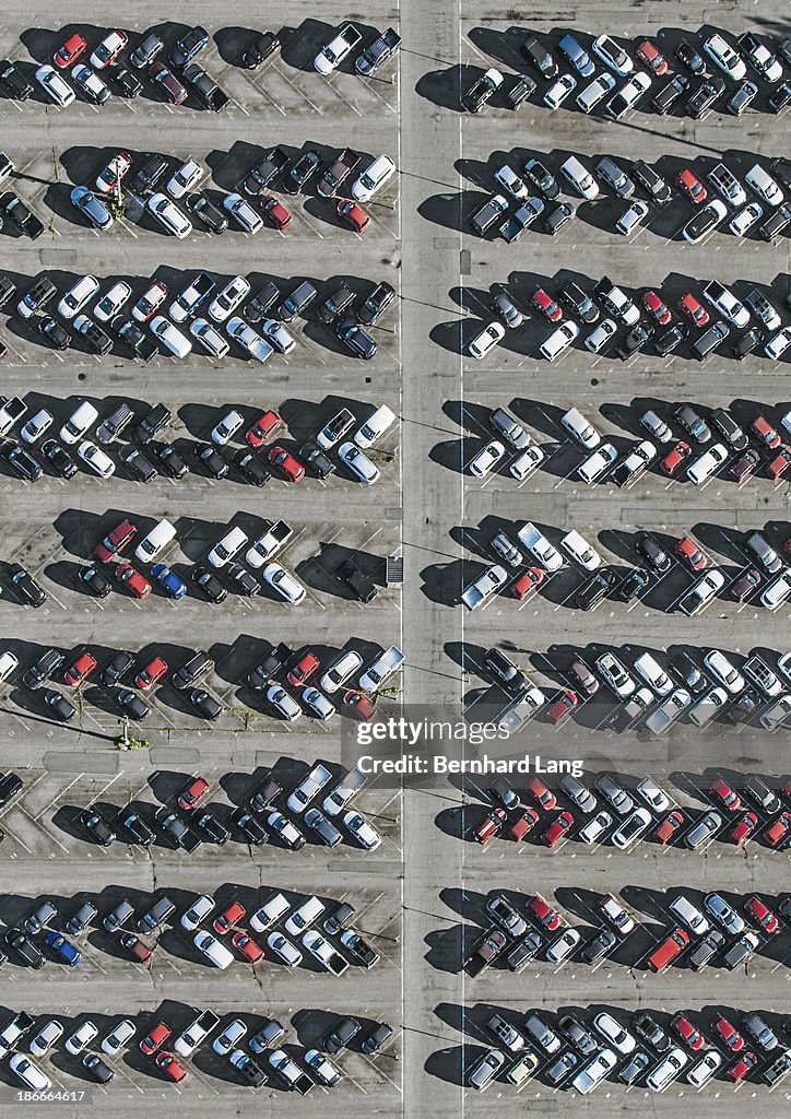 Aerial view of new cars on parking ground