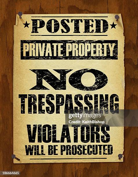 no trespassing sign - retro - private property stock illustrations