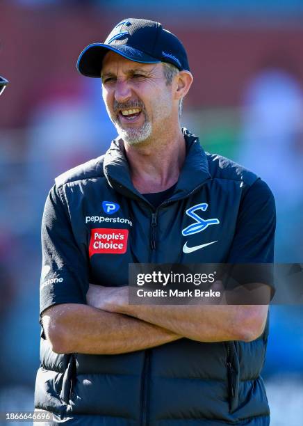 Jason Gillespie coach of the Strikers during the BBL match between Adelaide Strikers and Sydney Thunder at Adelaide Oval, on December 19 in Adelaide,...