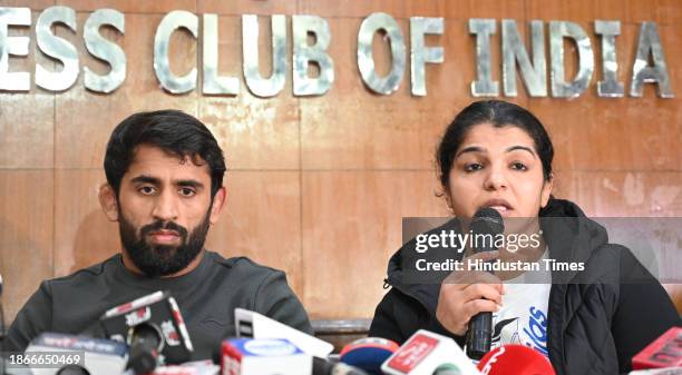 Wrestlers Sakshi Malik and Bajrang Punia during a press conference after Sanjay Singh, an associate of BJP MP and former chief of Wrestling...