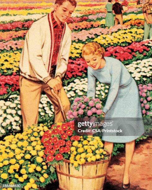 people harvesting flowers - yard work man stock illustrations