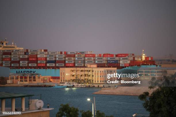 The Maersk Sentosa container ship sails southbound to exit the Suez Canal in Suez, Egypt, on Thursday, Dec. 21, 2023. A steep decline in the number...