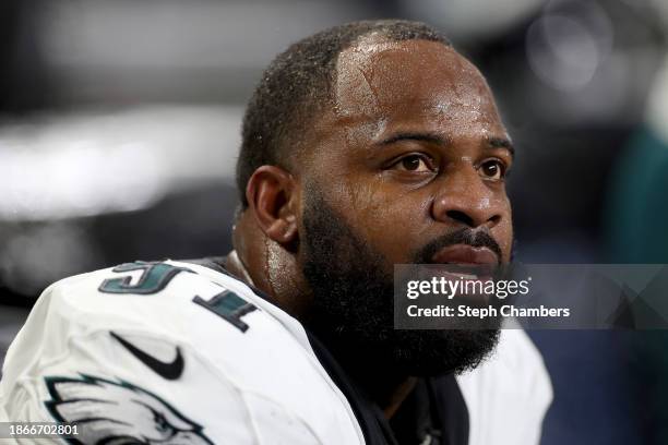 Fletcher Cox of the Philadelphia Eagles looks on against the Seattle Seahawks at Lumen Field on December 18, 2023 in Seattle, Washington.