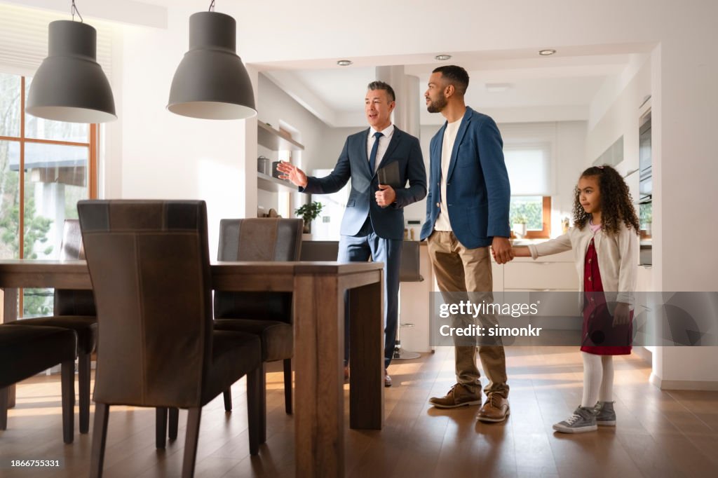 Real estate agent showing house to family