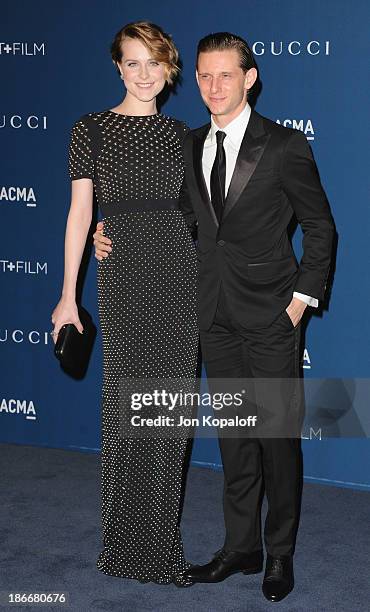 Actress Evan Rachel Wood and husband Jamie Bell arrive at LACMA 2013 Art + Film Gala at LACMA on November 2, 2013 in Los Angeles, California.
