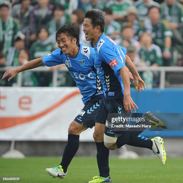 Kazuyoshi Miura of Yokohama FC celebrates the first goal during the J.League second division match between Yokohama FC and Matsumoto Yamaga FC at...