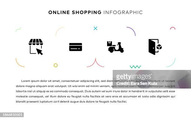 online shopping concept infographic design with simple solid icons. this infographic design is suitable for use on websites, in presentations, magazines, and brochures. - home delivery icon stock illustrations