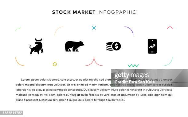 stock market concept infographic design with simple solid icons. this infographic design is suitable for use on websites, in presentations, magazines, and brochures. - dax stock market index stock illustrations