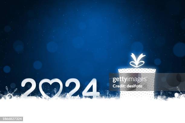 white text 2024 over dark midnight navy blue horizontal shining vector happy new year celebration love backgrounds for greeting cards, posters and banners with fantasy snowflakes, fog and snow border at bottom and one heart shape and a wicker gift box - wicker heart stock illustrations